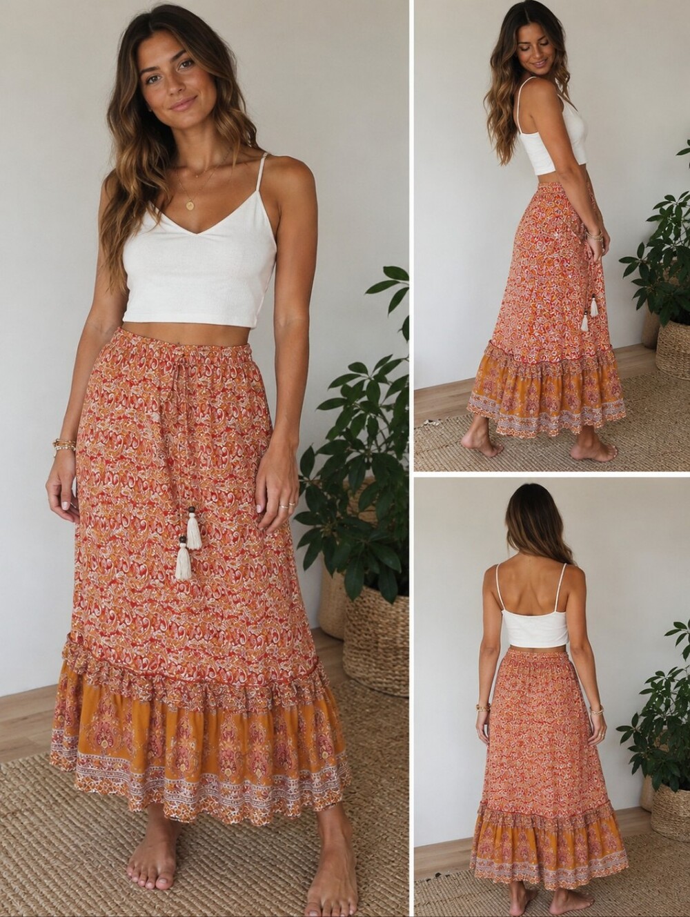Cynthia Rowley Boho Paislay Maxi Skirt Orange Tassel Tie - Picture 1 of 15